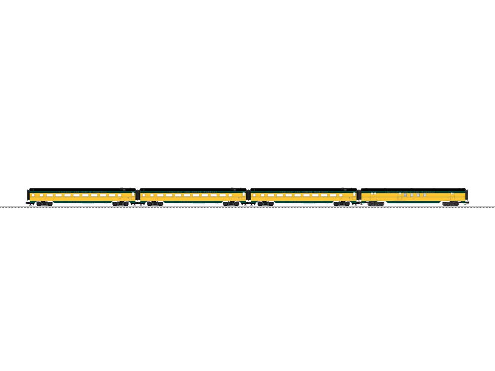 21" Smooth Side RPO & 3 Coach Set - 3-Rail - Ready to Run -- Chicago & North Western (yellow, green, black)