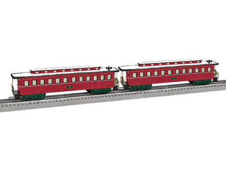Wood 1860s Coach 2-Pack - 3-Rail - Ready to Run -- North Pole Central Christmas #25, 12 (red, green)