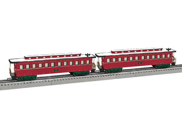 Wood 1860s Coach 2-Pack - 3-Rail - Ready to Run -- North Pole Central Christmas #25, 12 (red, green)