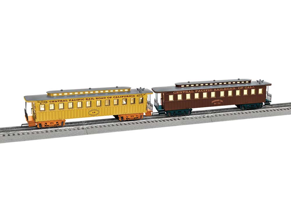 Wood 1860s Coach 2-Pack - 3-Rail - Ready to Run -- Central Pacific #12 (yellow), 72 (Boxcar Red)