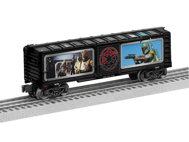 Steel Boxcar - 3-Rail - Ready to Run -- Star Wars(TM) Bounty Hunters (silver, blue, red, Full-Color Sides)-1