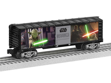 Steel Boxcar with Illuminated Side - 3-Rail - Ready to Run -- Star Wars(TM) Yoda v. Dooku (black, silver, Full-Color Lighted Scenes)-1
