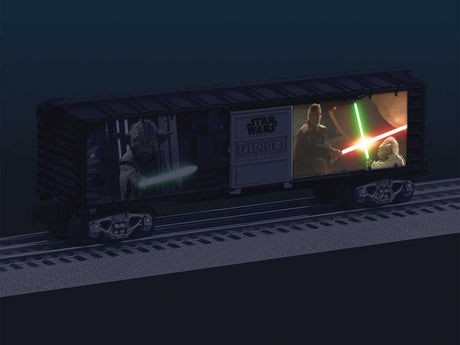 Steel Boxcar with Illuminated Side - 3-Rail - Ready to Run -- Star Wars(TM) Yoda v. Dooku (black, silver, Full-Color Lighted Scenes)-3