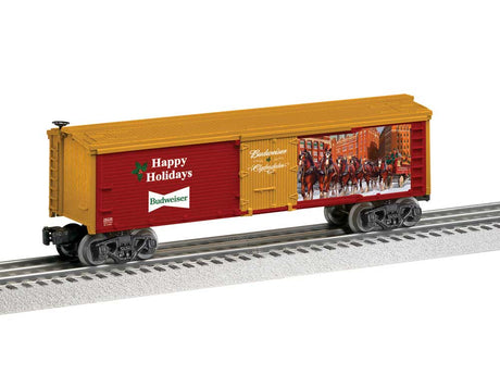 Wood Reefer w/Horizontal Siding - 3-Rail - Ready to Run -- Budweiser (Happy Holidays, red, yellow, Full-Color Panel)