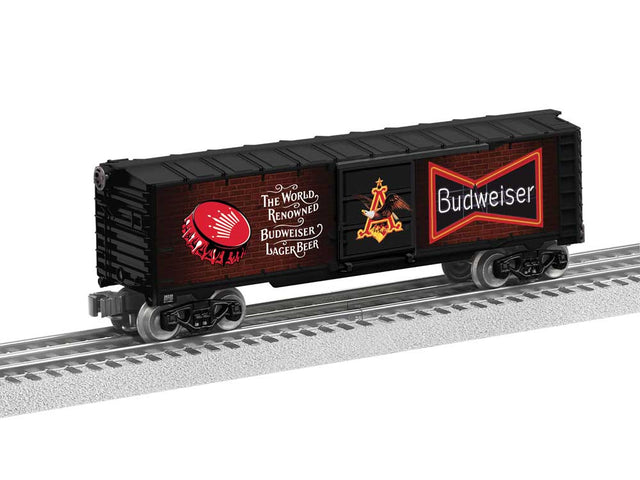 Steel Boxcar with Illuminated Side - 3-Rail - Ready to Run -- Budweiser (black, red, Lighted Sign, #3 in Series)-1