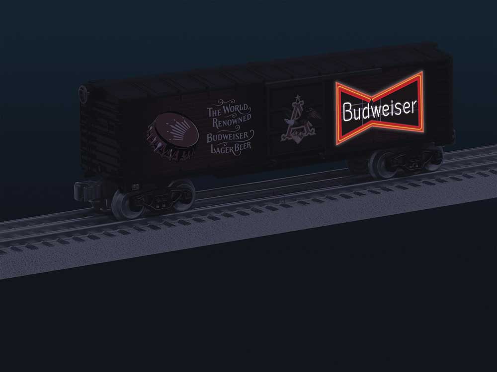Steel Boxcar with Illuminated Side - 3-Rail - Ready to Run -- Budweiser (black, red, Lighted Sign, #3 in Series)-2