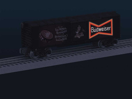 Steel Boxcar with Illuminated Side - 3-Rail - Ready to Run -- Budweiser (black, red, Lighted Sign, #3 in Series)-2