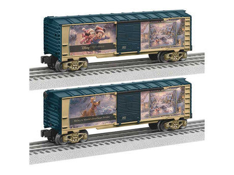 Steel Boxcar - 3-Rail - Ready to Run -- Thomas Kinkade - Disney Sweetheart Christmas (green, gold, Color Panels)