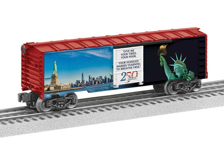 Steel Boxcar with Illuminated Side - 3-Rail - Ready to Run -- America 250 Statue Of Liberty  (red, blue, black, white)