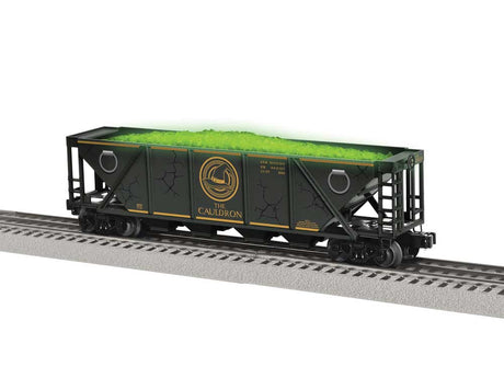 4-Bay Open Hopper - Lighted Load - 3-Rail - Ready to Run -- Cauldron Illuminated Halloween #28580 (black, yellow)