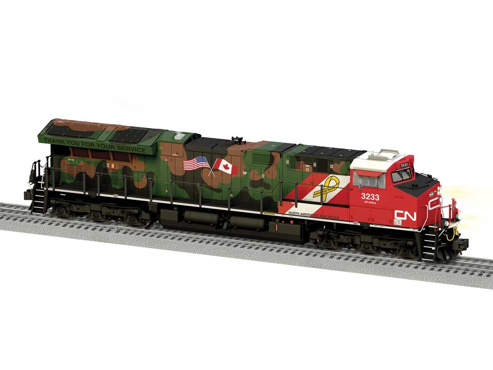 GE ET44AC - 3-Rail - Legacy(R) Sound and Control -- Canadian National #3233 (Veterans Commemorative, Camouflage, red)