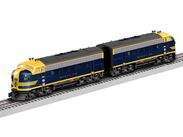 EMD F3 A-A Set - 3-Rail - Legacy Sound & Control -- Santa Fe #201L, 201C (blue, yellow, Cat Whisker Scheme)