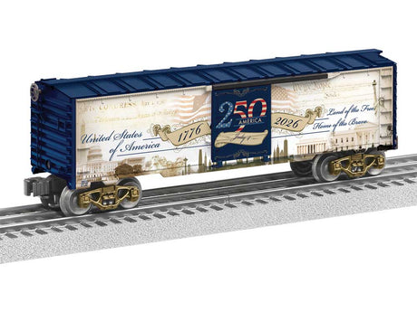 Steel Boxcar - 3-Rail - Ready to Run -- America 250 (white, blue, sepia graphics)
