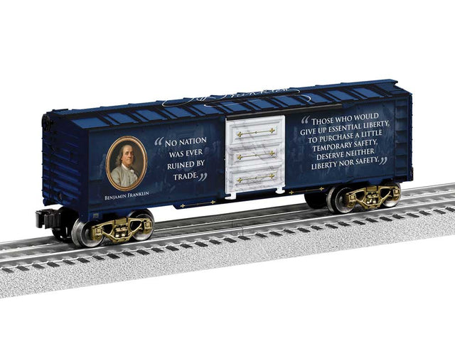 Steel Boxcar - 3-Rail - Ready to Run -- America 250 Founding Fathers - Ben Franklin (blue, white, Portrait)-1