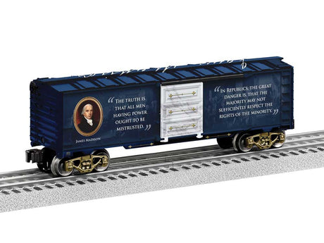 Steel Boxcar - 3-Rail - Ready to Run -- America 250 Founding Fathers - James Madison (blue, white, Portrait)-2
