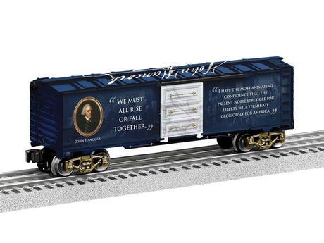 Steel Boxcar - 3-Rail - Ready to Run -- America 250 Founding Fathers - John Hancock (blue, white, Portrait)-2