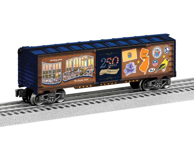 Steel Boxcar - 3-Rail - Ready to Run -- New Jersey (50 States Series, brown, blue, Color Graphics)