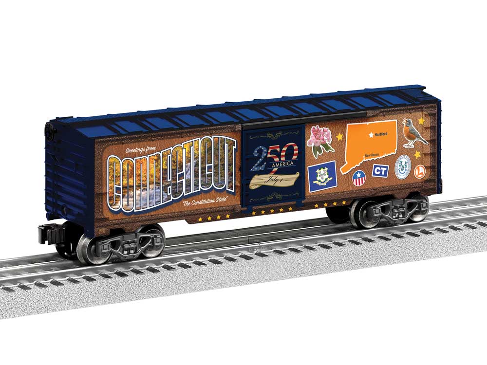 Steel Boxcar - 3-Rail - Ready to Run -- Connecticut (50 States Series, brown, blue, Color Graphics)