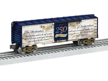Steel Boxcar - 3-Rail - Ready to Run -- America 250 Declaration of Independence (white, blue, sepia graphics)-1