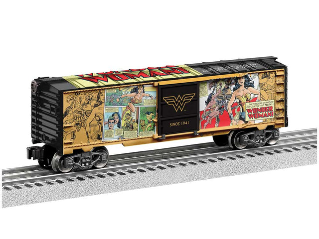 Steel Boxcar - 3-Rail - Ready to Run -- Wonder Woman(TM) (85th Anniversary, black, Full-Color sides)-1