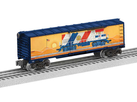 Steel Boxcar - 3-Rail - Ready to Run -- Angela Trotta Thomas America 250 (U36B Loco Image, orange, blue, red, white)