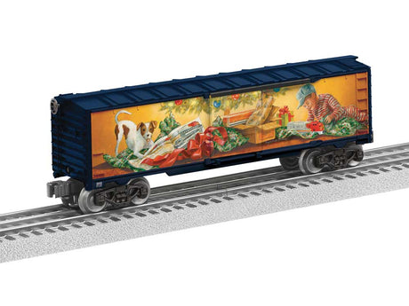 Steel Boxcar - 3-Rail - Ready to Run -- Angela Trotta Thomas Christmas Morning (blue, Color Panels)