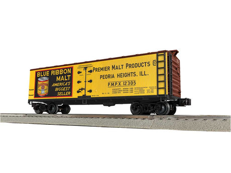 Wood Reefer - 3-Rail - Ready to Run -- Premier Malt Products PMPX #12305 (yellow, black, Boxcar Red)
