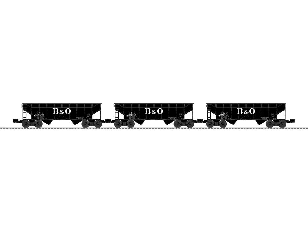 AAR 2-Bay Offset Hopper 3-Pack - 3-Rail - Ready to Run -- Baltimore & Ohio #827388, 827881, 828263 (black, Large B&O)
