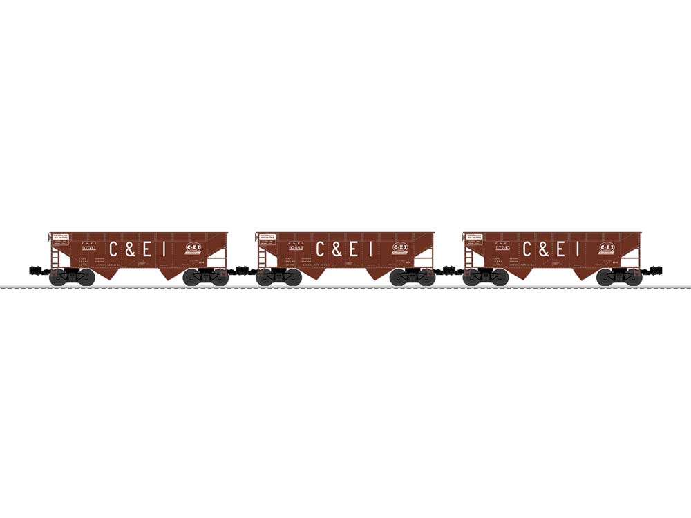 AAR 2-Bay Offset Hopper 3-Pack - 3-Rail - Ready to Run -- Chicago & Eastern Illinois #97511, 97684, 97745 (Boxcar Red, Billboard C&EI)