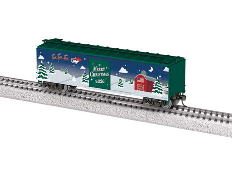 40' Steel Flat-End Boxcar - Ready to Run -- Christmas 2026 (blue, green, white, Santa Scene)