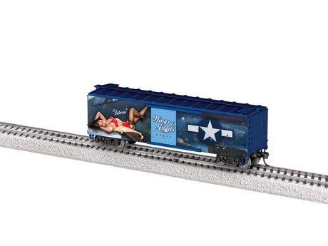 40' Steel Flat-End Boxcar - Ready to Run -- Wings of Angels (Victoria, blue, Military Pin-Up Model Graphics)-1