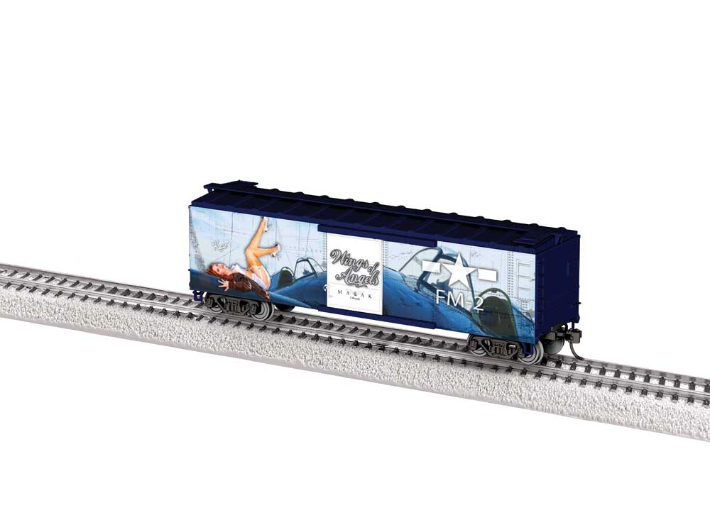 40' Steel Flat-End Boxcar - Ready to Run -- Wings of Angels (Kacie, white, blue, Military Pin-Up Model Graphics)-1