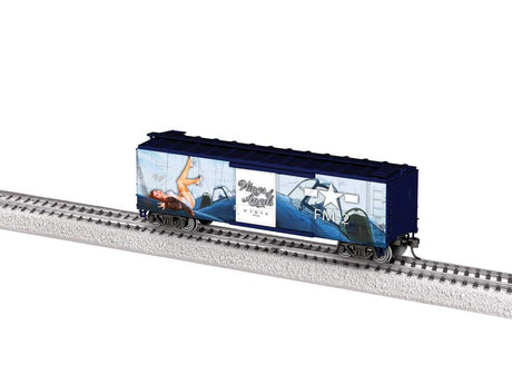 40' Steel Flat-End Boxcar - Ready to Run -- Wings of Angels (Kacie, white, blue, Military Pin-Up Model Graphics)-1