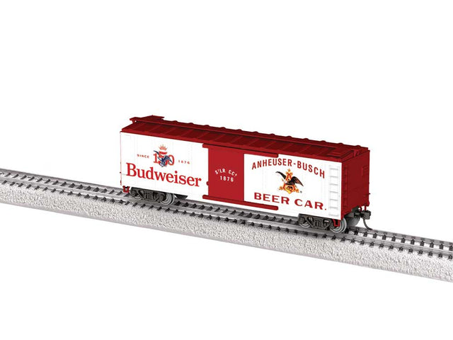 40' Steel Flat-End Plug-Door Reefer/Boxcar - Ready to Run -- Budweiser (150th Anniversary, white, red)