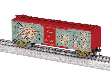 40' Steel Flat-End Boxcar with Sound - Ready-to-Run -- 250th Celebration of America (blue, red, Uncle Sam & Fireworks)