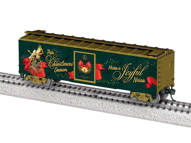 40' Steel Flat-End Boxcar with Sound - Ready-to-Run -- Christmas (green, gold, red)