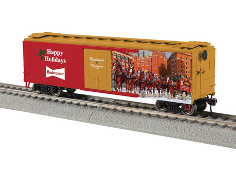 40' Steel Flat-End Plug-Door Reefer/Boxcar - Ready to Run -- Anheuser-Busch (Happy Holidays, red, gold, Clydesdales Scene)