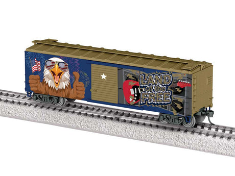 40' Steel Flat-End Boxcar with Sound - Ready-to-Run -- Screaming Eagle (blue, gold, red, Eagle Graphic)
