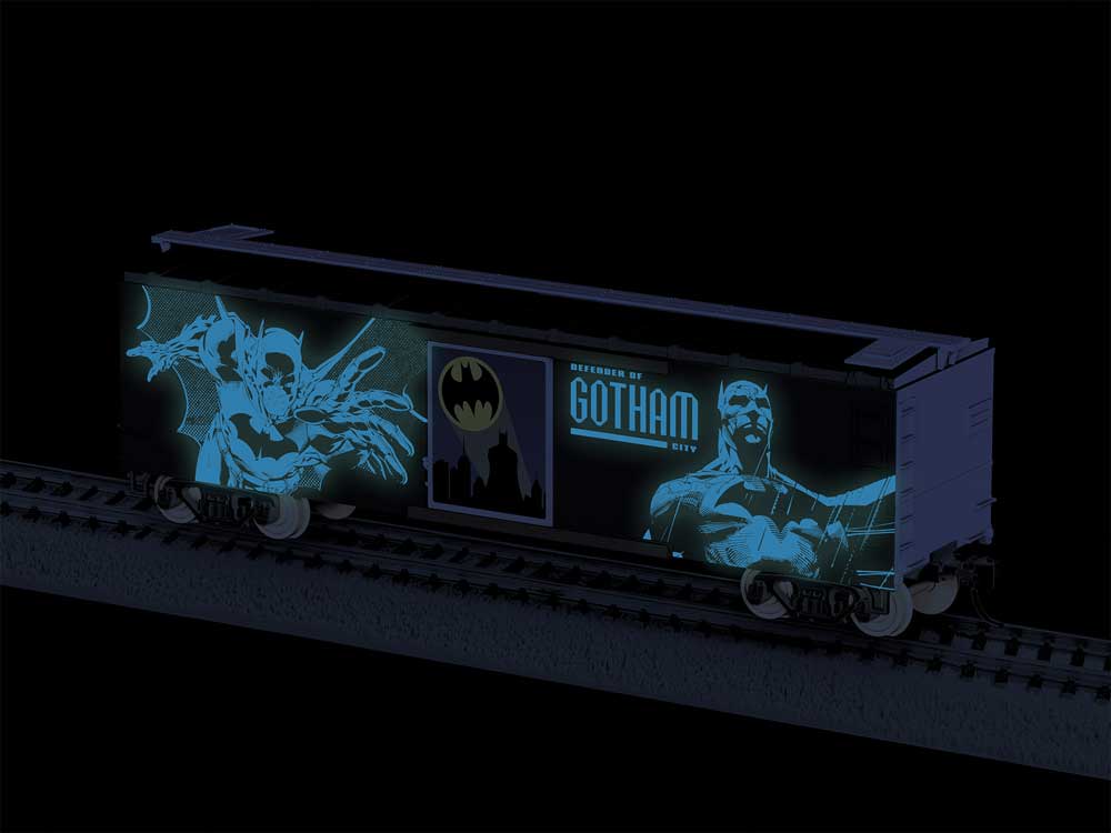 40' Steel Flat-End Boxcar - Ready to Run -- Batman (Glow in the Dark, black, blue)-3
