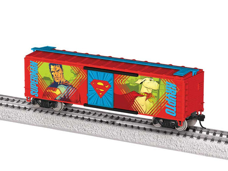 40' Steel Flat-End Boxcar - Ready to Run -- DC Superman (red, blue, Cartoon Scenes)-1