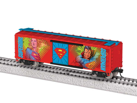 40' Steel Flat-End Boxcar - Ready to Run -- DC Superman (red, blue, Cartoon Scenes)-2