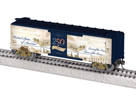 40' Steel Flat-End Boxcar - Ready to Run -- America 250 (white, blue, sepia graphics)