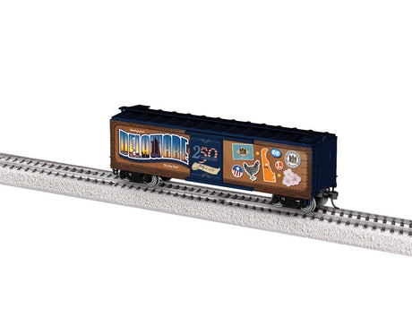 40' Steel Flat-End Boxcar - Ready to Run -- Delaware - 50 State Series (brown, blue, 250th America Celebration)