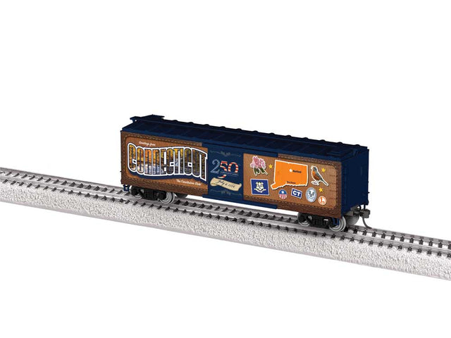 40' Steel Flat-End Boxcar - Ready to Run -- Connecticut - 50 State Series (brown, blue, 250th America Celebration)