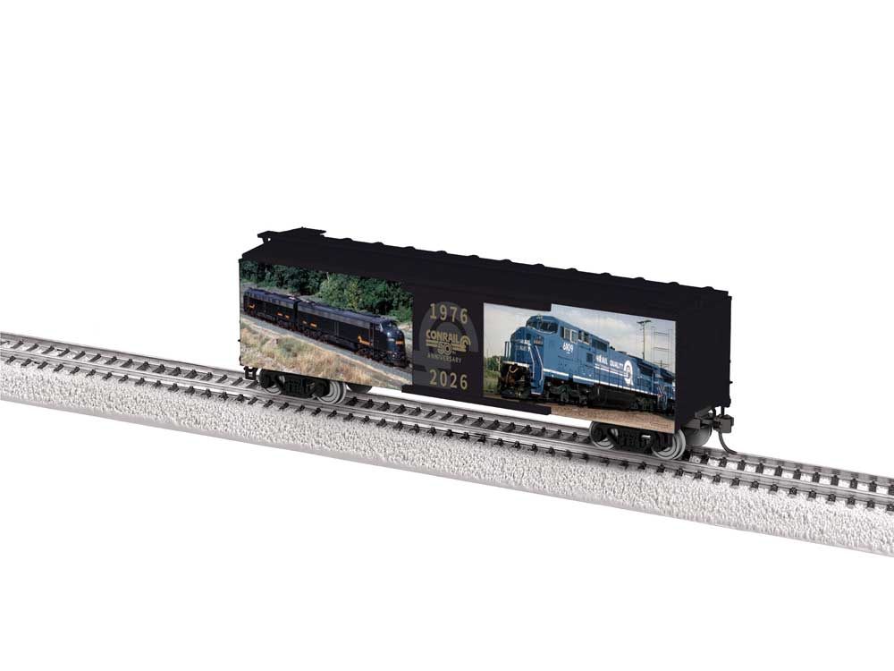 40' Steel Flat-End Boxcar - Ready to Run -- Conrail 50th Anniversary (black with color photos)-2