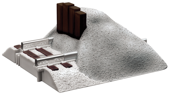 FasTrack(TM) Track w/Roadbed - 3-Rail -- Earthen Bumper - 3-5/8"  9.2cm