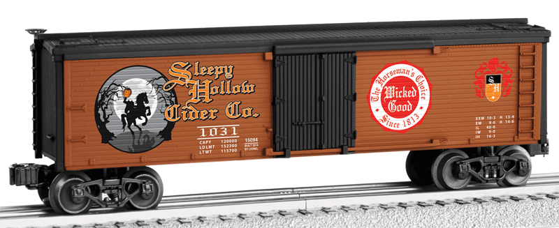 Wood Reefer w/Horizontal Siding - 3-Rail - Ready to Run -- Sleepy Hollow Cider #1031 (Halloween; brown, black, white, red)-1