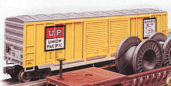 Double Door Boxcar -- UP yellow and silver with "U.P." logo and "Automated Rail Way" slogan