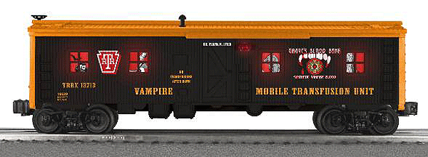 Halloween Blood Transfusion Bunk Car - Ready to Run - 3-Rail -- Grave's Blood Bank TRRX #13713