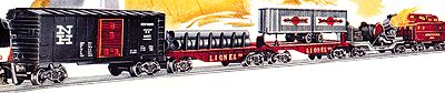 NH Freight Car Set-Postwar Celebration Series (No Loco, Track, Power Pack) -- Boxcar, Flat w/Pipes, TOFC Flat w/Trailer, Searchlight Car, Porthole Caboose